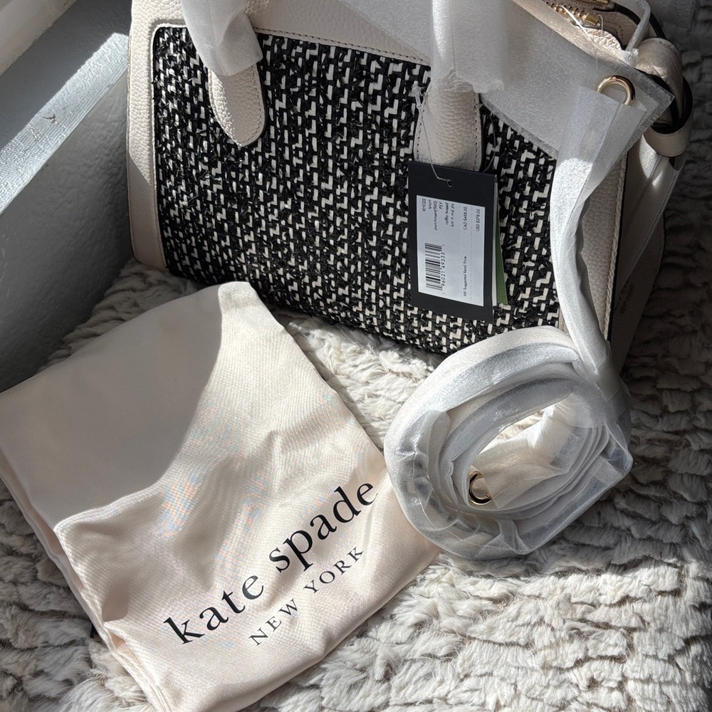 ♠️ KATE SPADE || Knott Raffia Tweed Medium Zip-top Satchel+dustbag, parchment - Picture 3 of 16